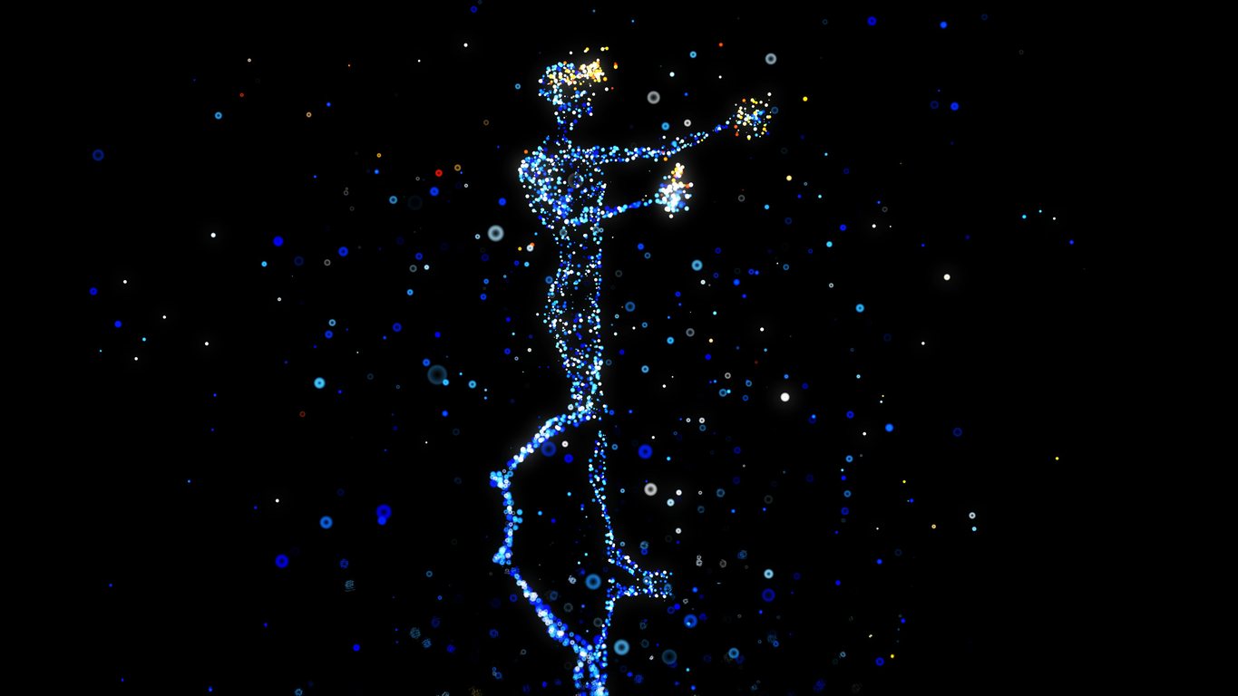 A human figure formed from glowing blue particles with one arm outstretched